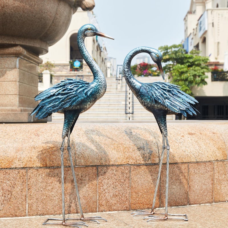 Kircust Garden Crane Statue for Outdoor, Blue Heron Decoy Garden Sculptures and Statues, Metal Bird Yard Art for Lawn Patio Decor, Set of 2 - Image 2